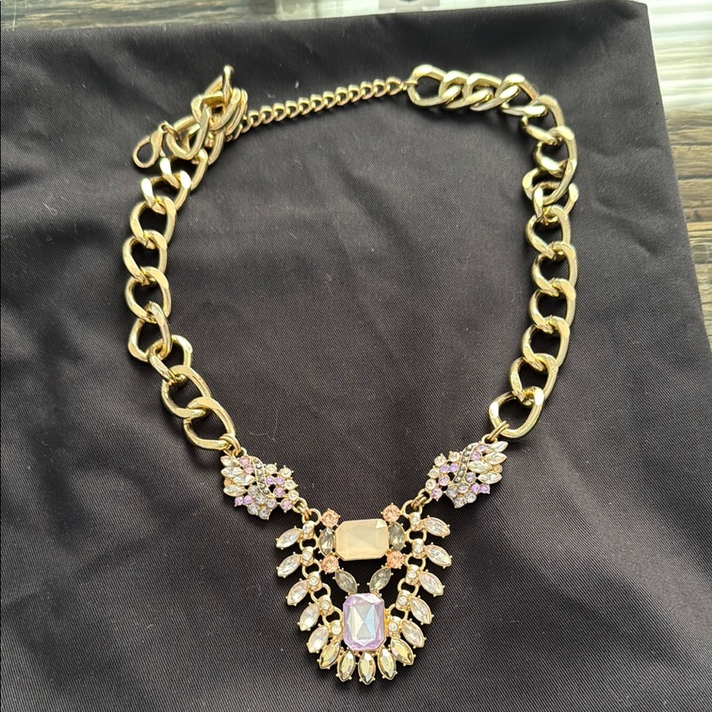 Gold and Pink Statement Necklace with Crystal Centerpiece